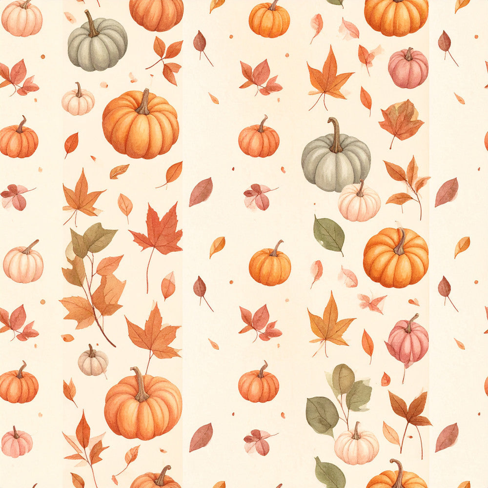 autumn pumpkin, fall harvest, orange pumpkin, cream background, burnt orange, dusty rose, sage green, tan, rust, pumpkin patch, thanksgiving, seasonal, nature, botanical, leaves, maple leaves, fall foliage, whimsical, cozy, harvest theme, autumn aesthetic, warm tones, earthy colors, fall decor, holiday themed, rustic autumn, traditional, home decor, nursery, kids room