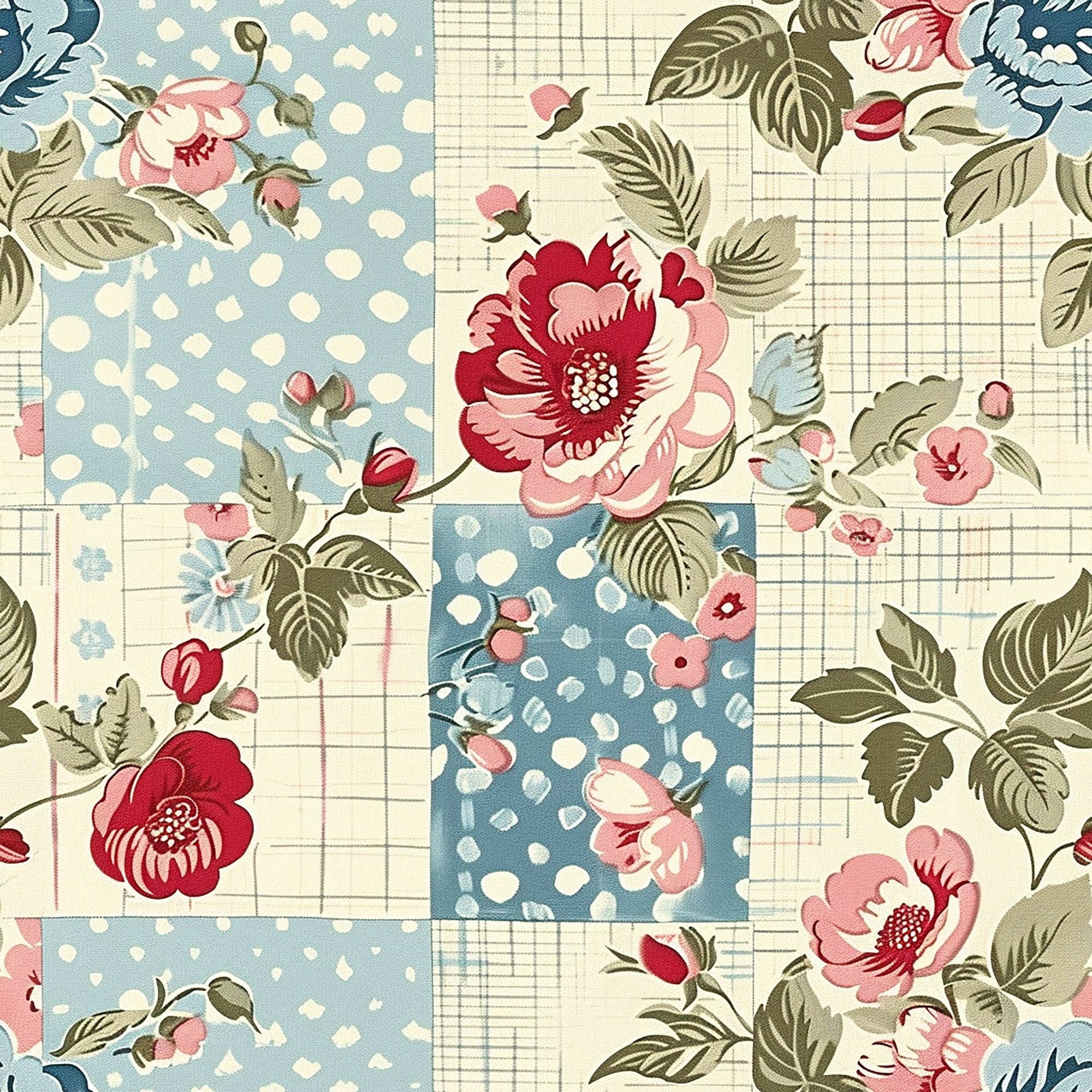 powder blue, cream, dusty pink, deep red, olive green, patchwork squares, polka dots, gingham checks, floral blooms, rose flowers, botanical leaves, cottage garden, vintage style,, fabric panel, romantic florals, shabby chic, cottagecore aesthetic, mixed patterns, coordinating prints