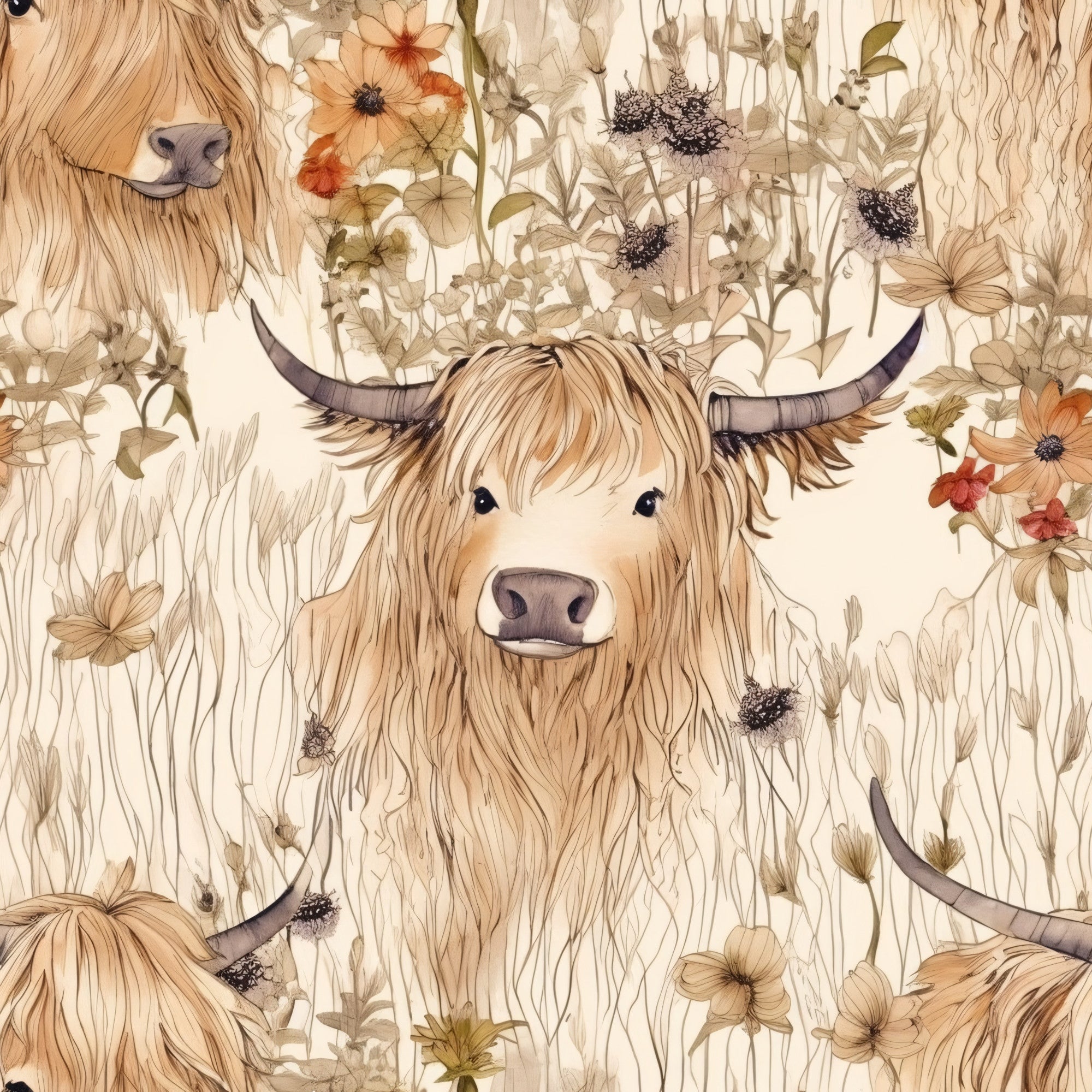 highland cows, farm animals, floral meadow, botanical pattern, cream background, blonde fur, horned cattle, wildflowers, pressed flowers, rustic farmhouse,, fabric panel, nature scene, pastoral design, neutral tones, beige palette, country living, meadow grass, organic florals, whimsical illustration