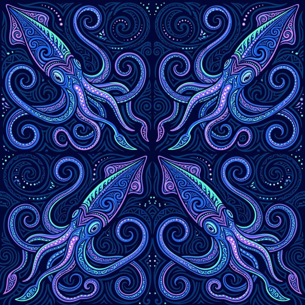 navy blue, deep blue, purple, magenta, cyan, neon green, electric blue, cosmic, dark blue background, swirls, spirals, ornate, decorative, paisley, baroque, ornamental, psychedelic, abstract, celestial, mystical, ethereal, bohemian, whimsical, elegant, intricate patterns, symmetrical, mandala-inspired, fantasy, magical, modern art