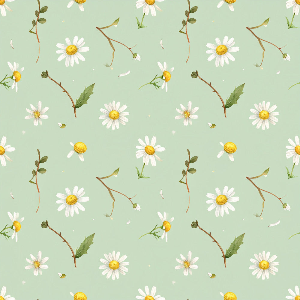 sage green, white, golden yellow, daisy, floral, botanical, nature, whimsical, spring, summer, garden, wildflower, delicate, soft, pastel, cheerful, nursery, kids room, playroom, baby, feminine, gentle, peaceful, cottage, countryside, hand-painted, watercolor, sweet, charming, tender blooms