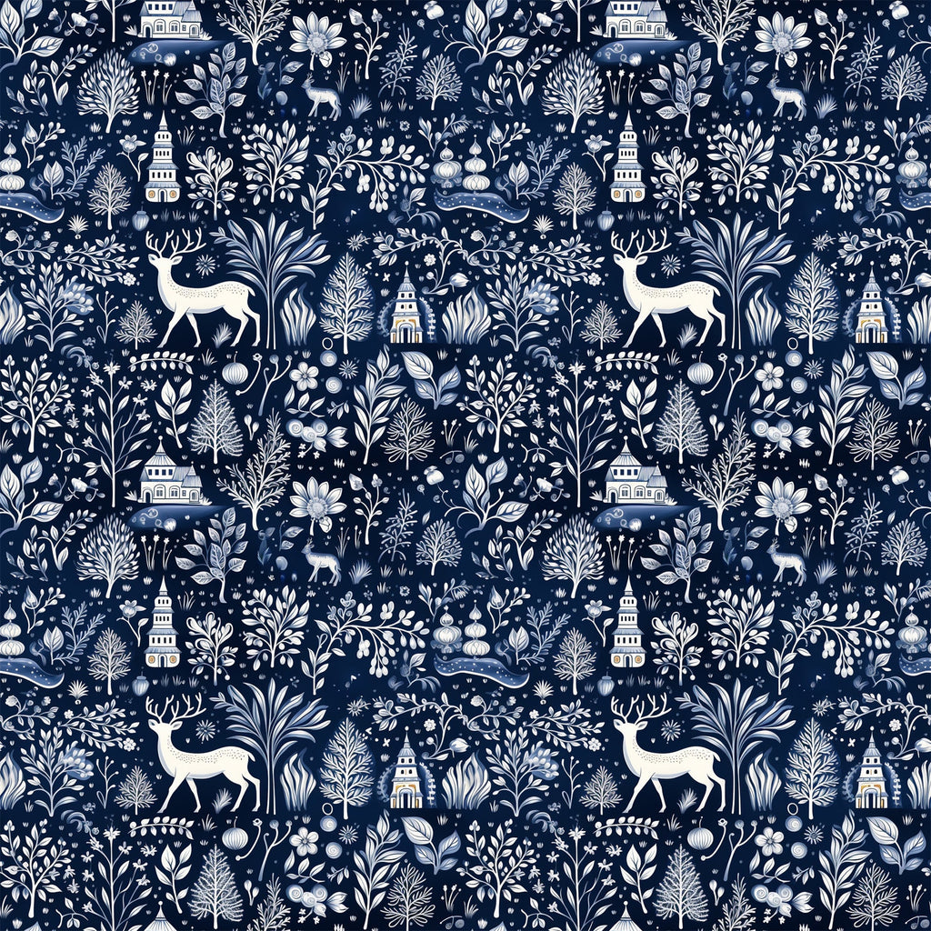 navy blue, white, cream, delft blue, winter scenery, deer, stags, trees, buildings, houses, folk art, botanical motifs, flowers, leaves, branches, repeating pattern,, fabric panel, winter theme, nature elements, silhouettes, intricate design, monochromatic
