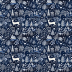 navy blue, white, cream, delft blue, winter scenery, deer, stags, trees, buildings, houses, folk art, botanical motifs, flowers, leaves, branches, repeating pattern,, fabric panel, winter theme, nature elements, silhouettes, intricate design, monochromatic