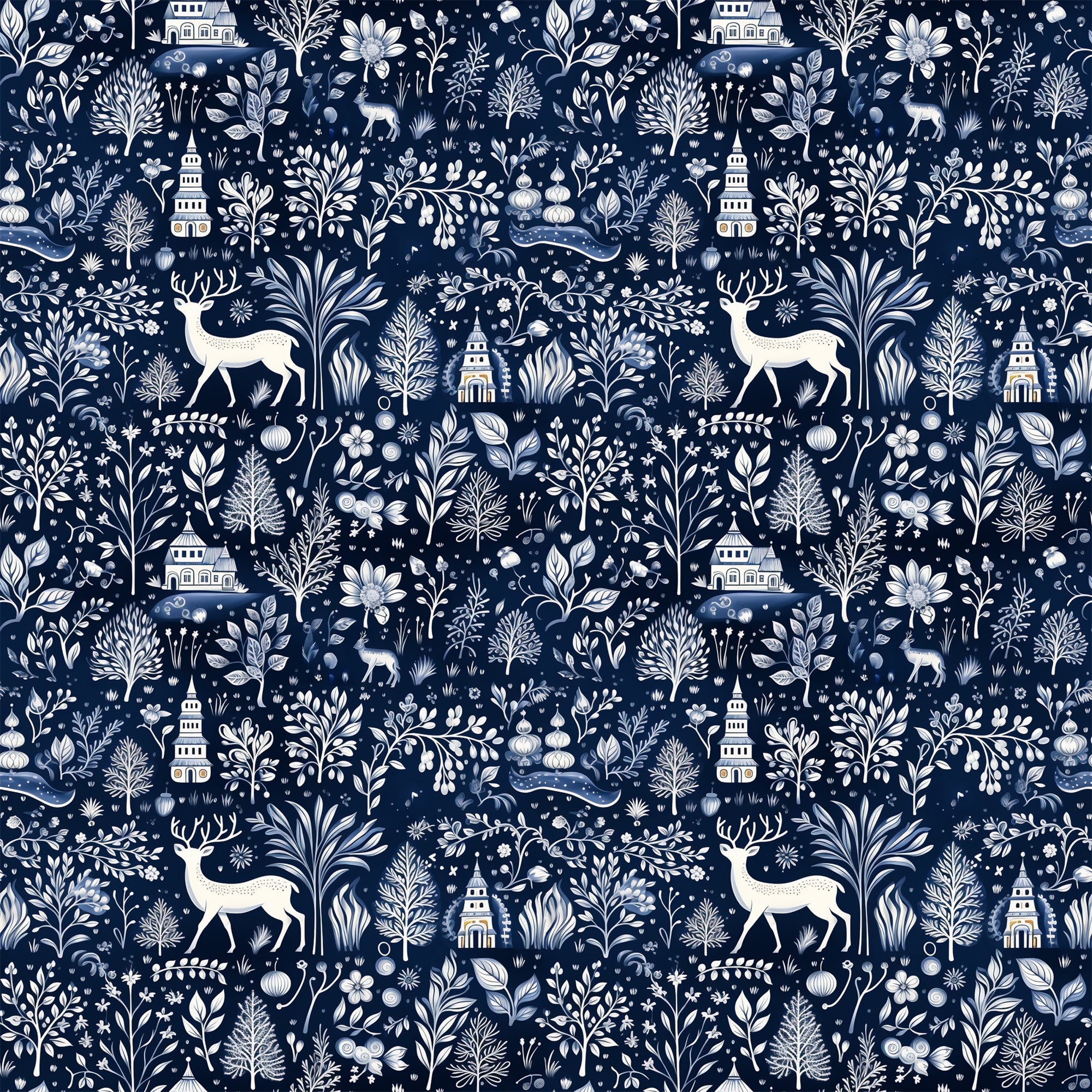 navy blue, white, cream, delft blue, winter scenery, deer, stags, trees, buildings, houses, folk art, botanical motifs, flowers, leaves, branches, repeating pattern,, fabric panel, winter theme, nature elements, silhouettes, intricate design, monochromatic