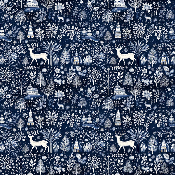 navy blue, white, cream, delft blue, winter scenery, deer, stags, trees, buildings, houses, folk art, botanical motifs, flowers, leaves, branches, repeating pattern,, fabric panel, winter theme, nature elements, silhouettes, intricate design, monochromatic