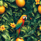 tropical parrot, macaw, vibrant orange, emerald green, mango fruits, plumeria flowers, lush foliage, jungle pattern, exotic birds, botanical design,, fabric panel, tropical paradise, rainforest theme, colorful plumage, hawaiian flowers, fruit motifs, nature scene, wildlife illustration, bright yellows