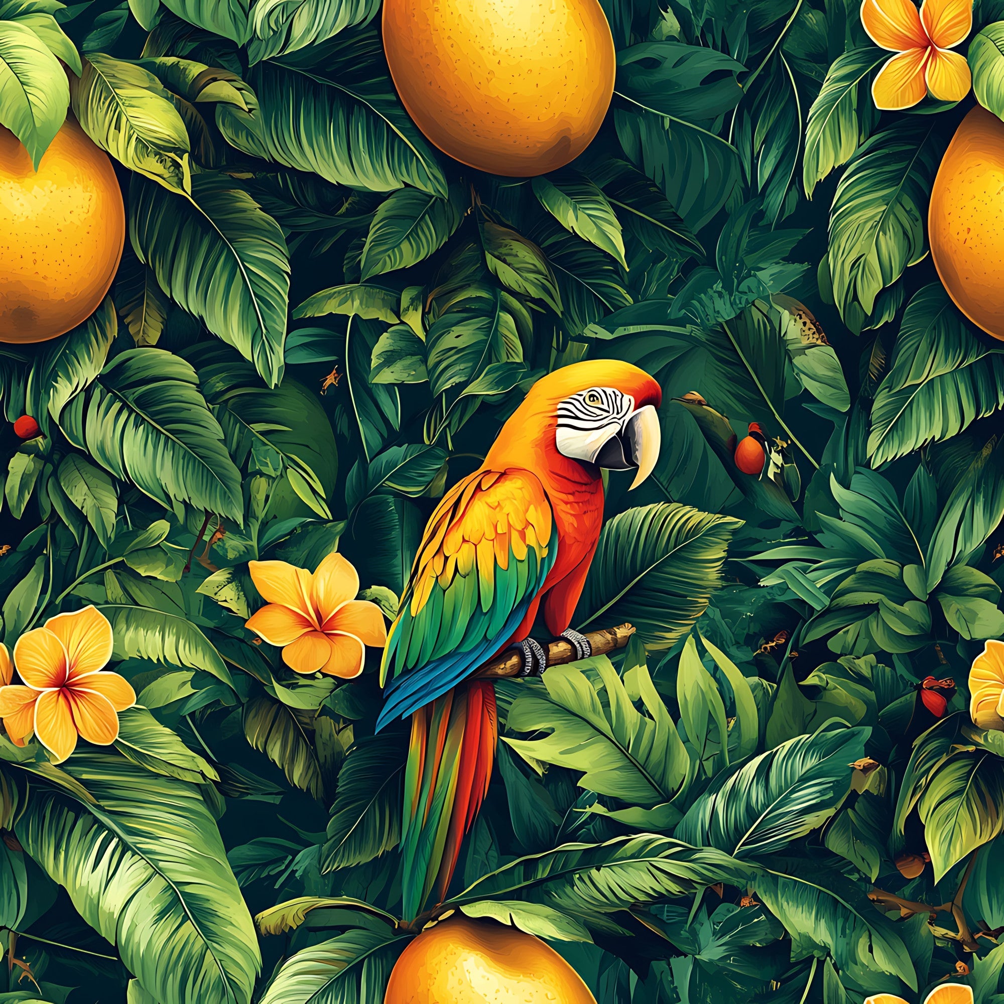 tropical parrot, macaw, vibrant orange, emerald green, mango fruits, plumeria flowers, lush foliage, jungle pattern, exotic birds, botanical design,, fabric panel, tropical paradise, rainforest theme, colorful plumage, hawaiian flowers, fruit motifs, nature scene, wildlife illustration, bright yellows