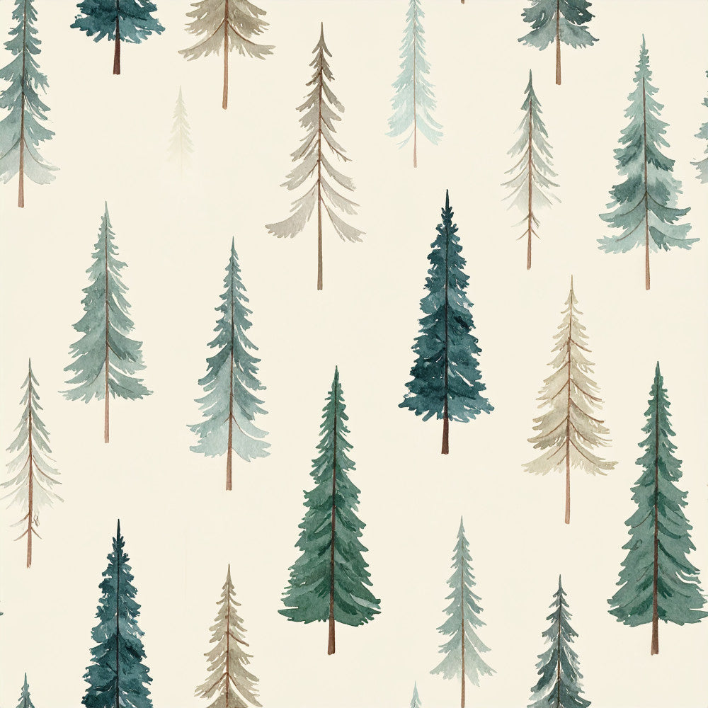 forest green, sage green, teal green, cream, beige, tan, watercolor trees, evergreen trees, pine trees, conifer trees, woodland, nature, forest, rustic, whimsical, peaceful, calm, winter, autumn, nursery, kids room, playroom, baby room, nature lover, cabin style, lodge style, mountain theme, outdoor adventure