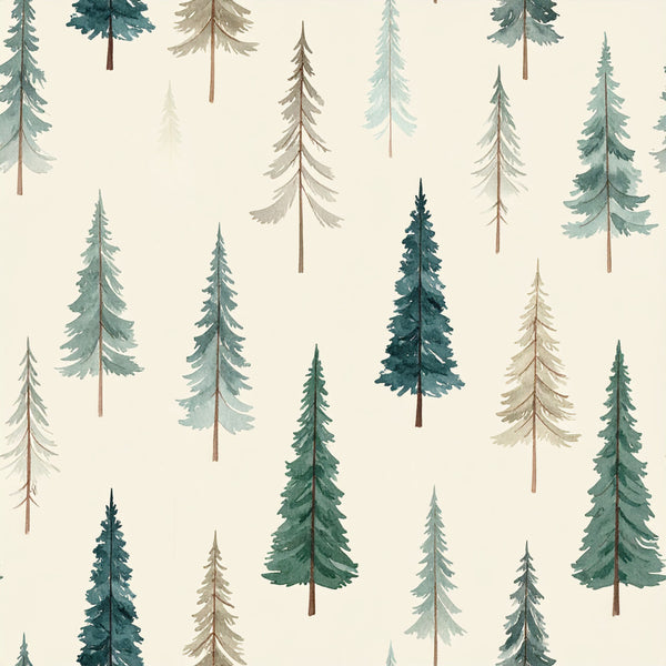 forest green, sage green, teal green, cream, beige, tan, watercolor trees, evergreen trees, pine trees, conifer trees, woodland, nature, forest, rustic, whimsical, peaceful, calm, winter, autumn, nursery, kids room, playroom, baby room, nature lover, cabin style, lodge style, mountain theme, outdoor adventure