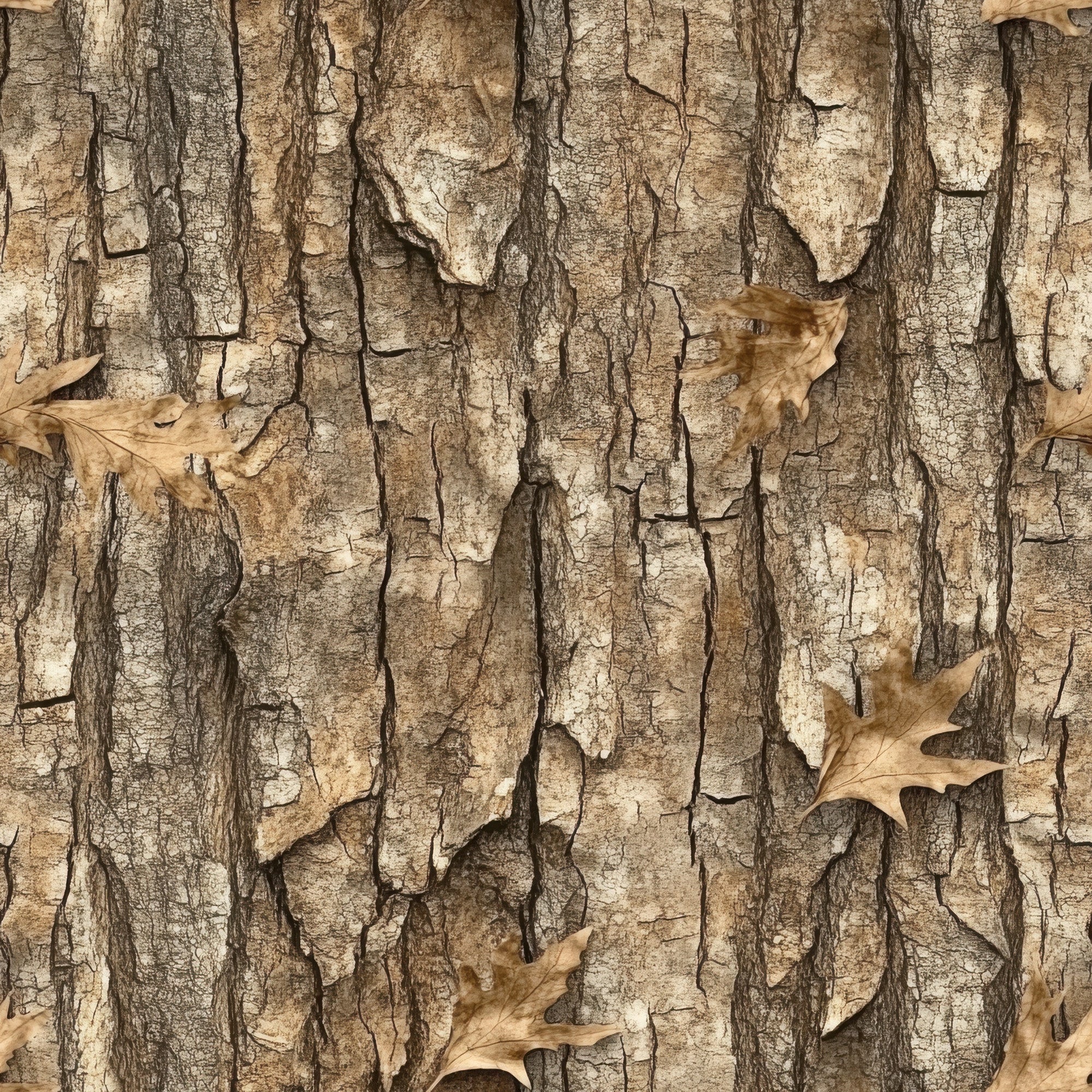 realistic camo, tree bark texture, hunting pattern, woodland camouflage, brown tones, tan colors, beige hues, oak leaves, autumn leaves, dried leaves, cracked bark, natural texture, outdoor theme, camouflage design,, fabric panel, hunting fabric, woodland pattern, nature motif, rustic style