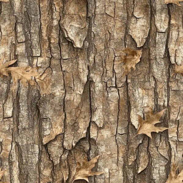 realistic camo, tree bark texture, hunting pattern, woodland camouflage, brown tones, tan colors, beige hues, oak leaves, autumn leaves, dried leaves, cracked bark, natural texture, outdoor theme, camouflage design,, fabric panel, hunting fabric, woodland pattern, nature motif, rustic style
