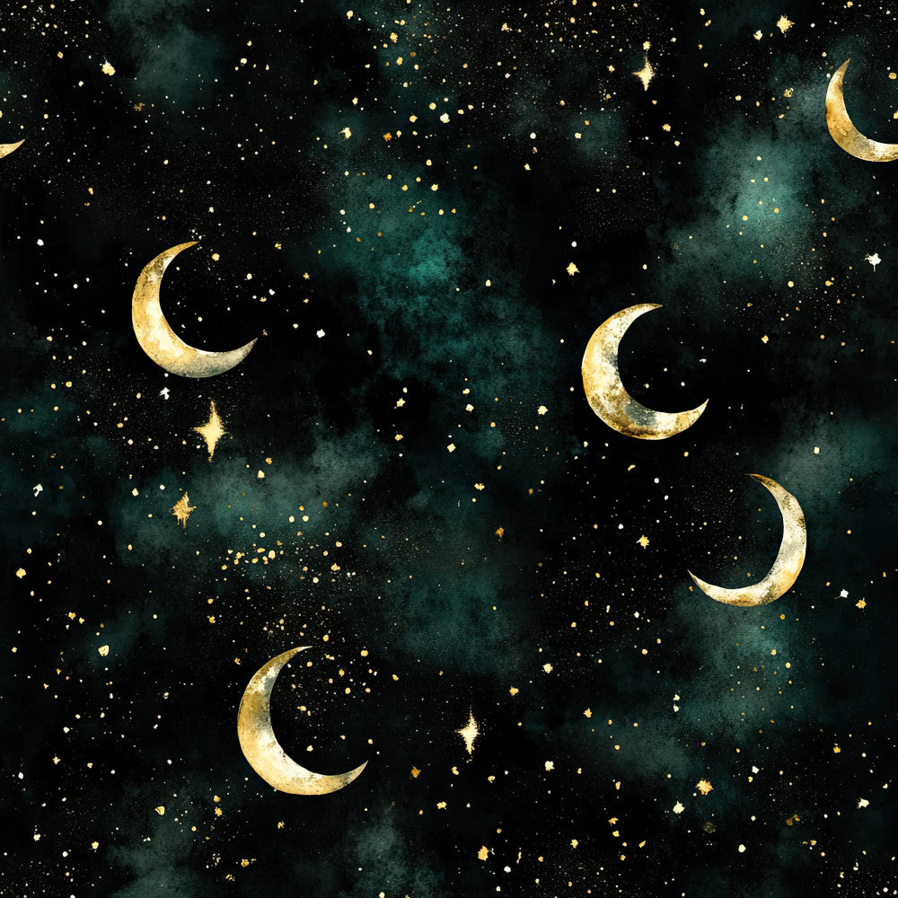 gold moons, gold stars, celestial, night sky, teal, deep teal, forest green, dark green, black, gold, metallic gold, crescent moons, starry, whimsical, magical, dreamy, moonlight, constellation, nursery, baby room, kids room, bedtime, sleep theme, elegant, enchanting, sparkly, glitter effect, fantasy, peaceful, calming