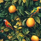 tropical pattern, mango fruits, colorful parrots, macaw birds, lush foliage, green leaves, orange mangoes, yellow accents, red parrot, blue wing feathers, jungle theme, botanical design, exotic birds, tropical paradise,, fabric panel, vibrant colors, nature motif, rainforest scene, repeating pattern