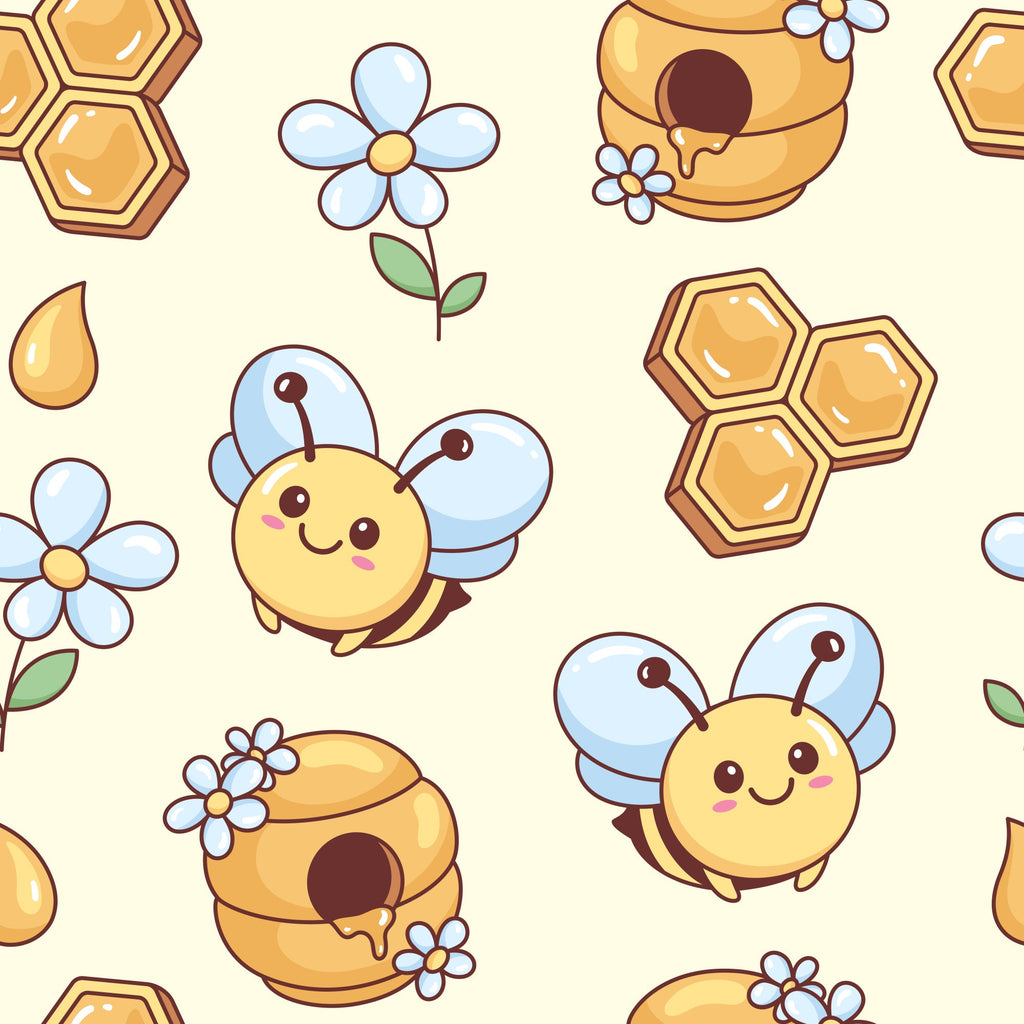 kawaii bees, cute bees, honeycomb pattern, beehive design, yellow bees, blue wings, pastel colors, cream background, flowers, honey drops, hexagonal shapes, sweet motifs, cartoon style, whimsical design,, fabric panel, cheerful pattern, spring theme, nature elements, adorable characters