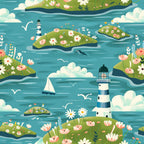 turquoise, teal, coral pink, white, green, lighthouse, sailboat, seagulls, flowers, islands, ocean waves, clouds, coastal scene, whimsical illustration, spring blooms, maritime theme,, fabric panel, nautical design, floral motifs