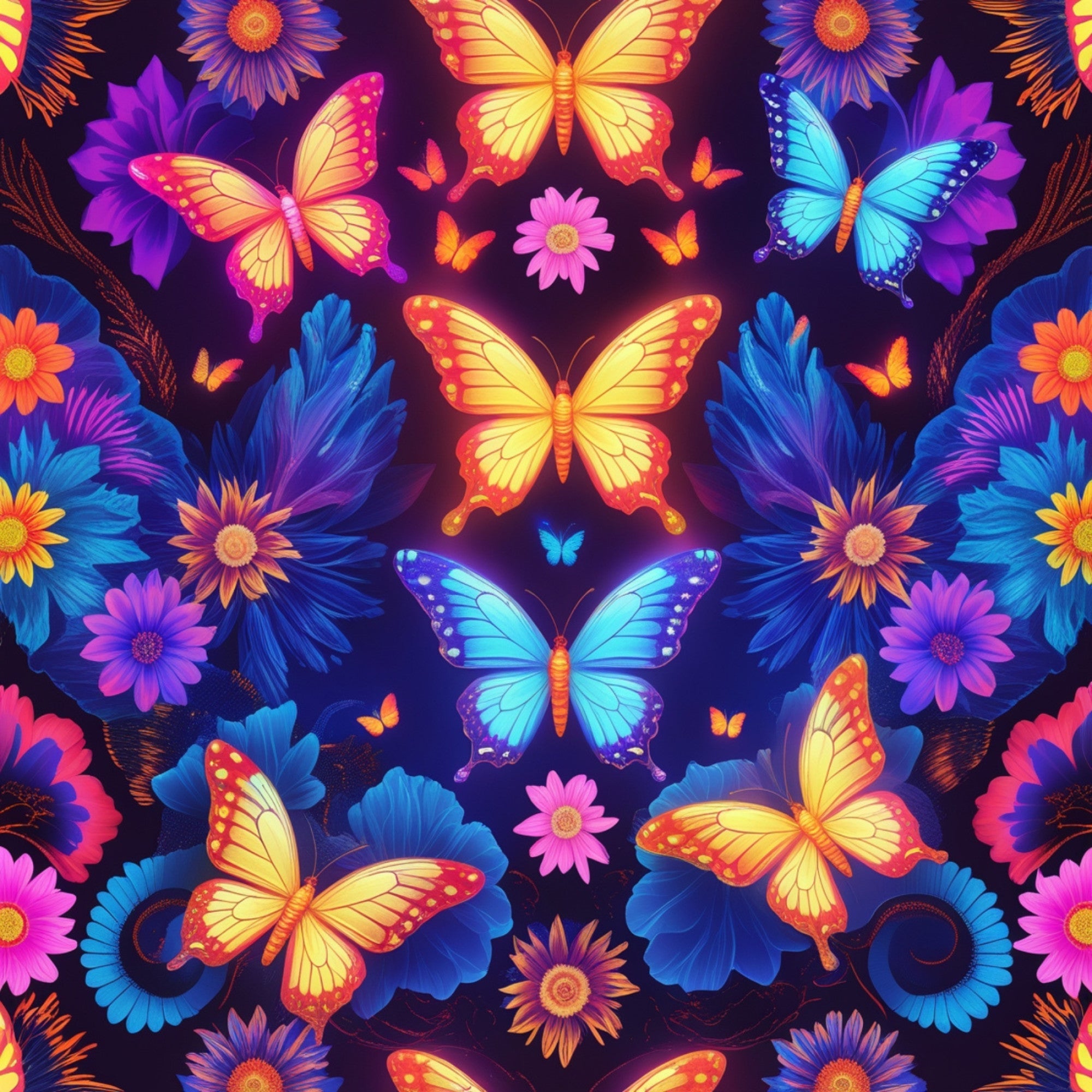 vibrant butterflies, tropical flowers, neon colors, electric blue, hot pink, bright orange, purple blooms, yellow wings, fantasy pattern,, fabric panel, kaleidoscope design, exotic florals, luminous wings, psychedelic style, nature motif, butterfly collection, vivid hues, floral backdrop, whimsical insects