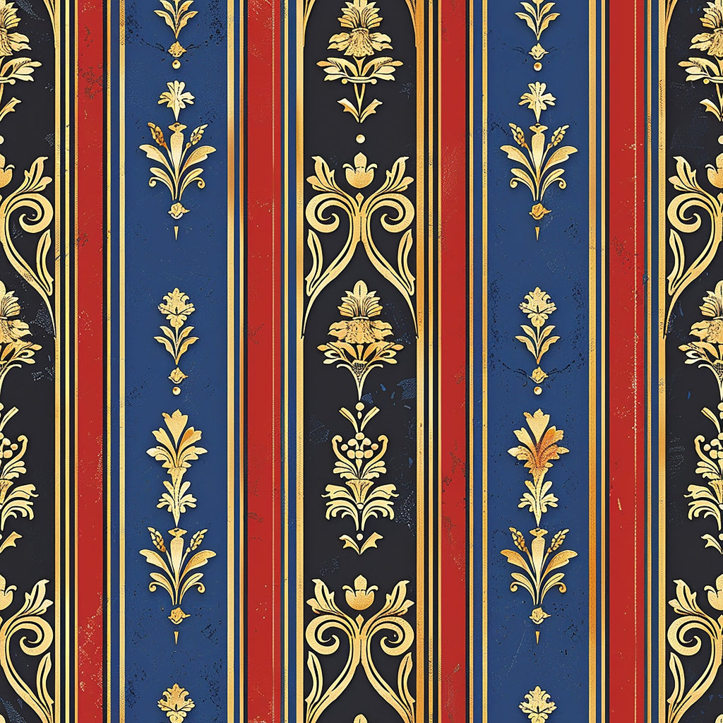 navy blue, deep red, gold, black, vertical stripes, floral motifs, ornate scrollwork, baroque style, regal pattern, damask design,, fabric panel, medieval inspired, elegant flourishes, repeating pattern, luxurious aesthetic, decorative elements, vintage style, formal design, rich colors