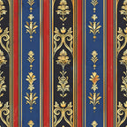 navy blue, deep red, gold, black, vertical stripes, floral motifs, ornate scrollwork, baroque style, regal pattern, damask design,, fabric panel, medieval inspired, elegant flourishes, repeating pattern, luxurious aesthetic, decorative elements, vintage style, formal design, rich colors