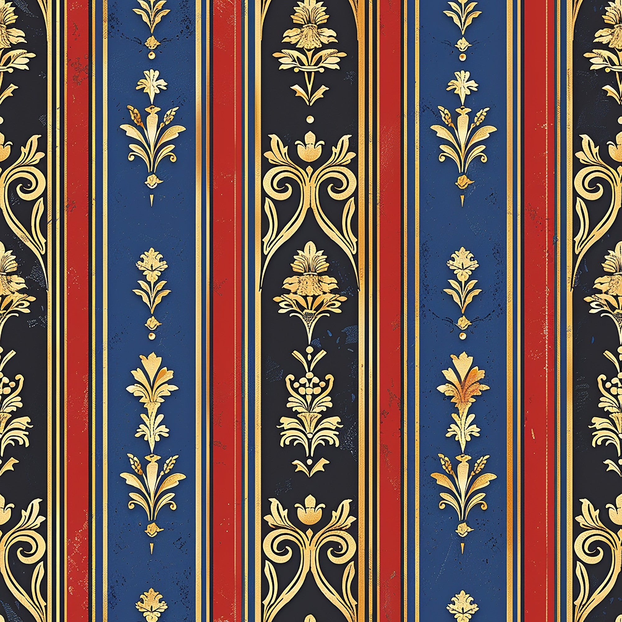 navy blue, deep red, gold, black, vertical stripes, floral motifs, ornate scrollwork, baroque style, regal pattern, damask design,, fabric panel, medieval inspired, elegant flourishes, repeating pattern, luxurious aesthetic, decorative elements, vintage style, formal design, rich colors