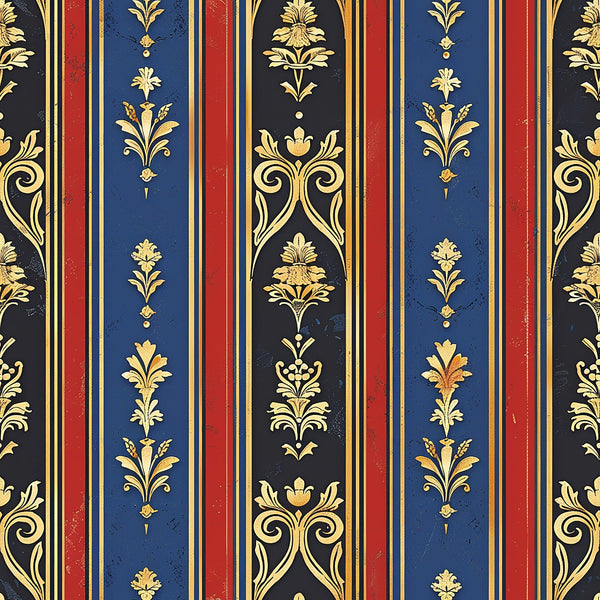 navy blue, deep red, gold, black, vertical stripes, floral motifs, ornate scrollwork, baroque style, regal pattern, damask design,, fabric panel, medieval inspired, elegant flourishes, repeating pattern, luxurious aesthetic, decorative elements, vintage style, formal design, rich colors