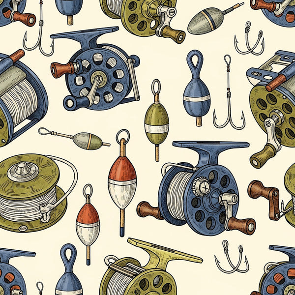 fishing, nautical, vintage, retro, sport fishing, tackle, fishing reel, fishing hooks, bobbers, navy blue, cream, olive green, rust orange, brown, traditional, classic, masculine, outdoor, recreation, fishing gear, tackle box, men's, father's day, sports theme, heritage, timeless, detailed illustration