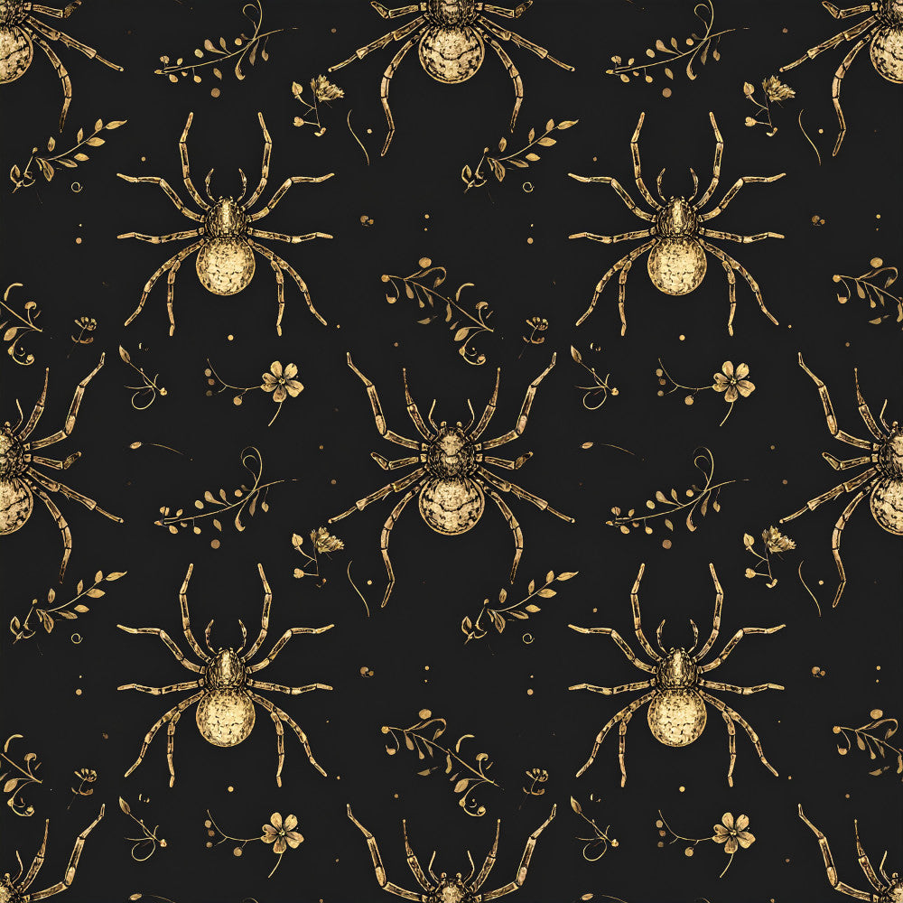 gold spiders, black and gold, botanical elements, nature inspired, celestial, vintage botanical, elegant, whimsical, gothic, dark academia, steampunk, insects, arachnid, florals, delicate flowers, ornate, antique, mysterious, witchy, halloween, autumn, dark background, metallic gold, engraved style, natural history, scientific illustration, curiosities, wiccan, occult aesthetic, moody