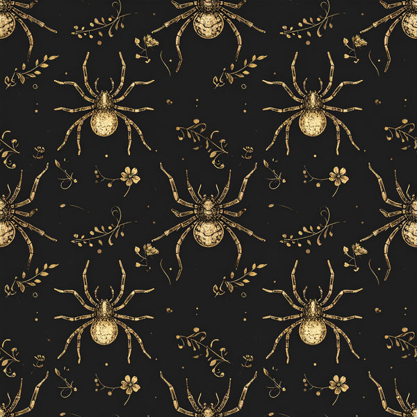 gold spiders, black and gold, botanical elements, nature inspired, celestial, vintage botanical, elegant, whimsical, gothic, dark academia, steampunk, insects, arachnid, florals, delicate flowers, ornate, antique, mysterious, witchy, halloween, autumn, dark background, metallic gold, engraved style, natural history, scientific illustration, curiosities, wiccan, occult aesthetic, moody