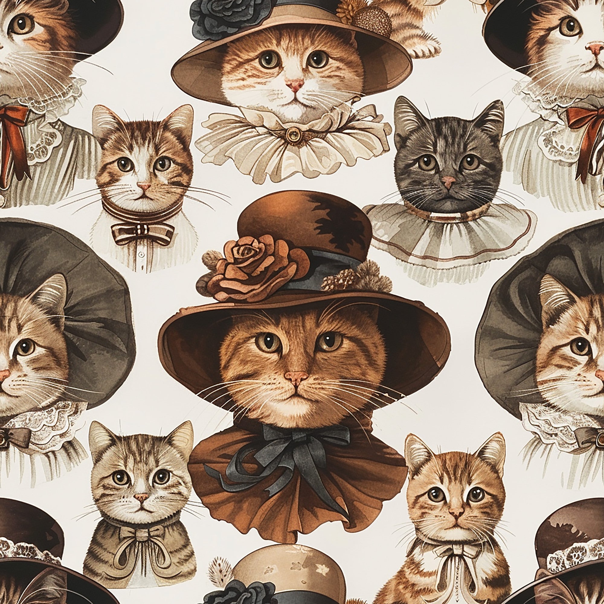 victorian cats, orange tabby, brown cats, gray cats, vintage hats, bow ties, ruffled collars, feathers, roses, floral decorations,, fabric panel, whimsical portraits, period costume, elegant accessories, cream background, repeating pattern, anthropomorphic animals, detailed illustration, nostalgic style