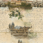 vintage postcards, european architecture, white roses, handwritten script, sepia tones, beige background, gothic cathedral, stone bridges, riverside scenes, botanical florals, aged paper texture, travel motifs,, fabric panel, nostalgic imagery, historical buildings, cursive writing, muted colors, collage design, antique style