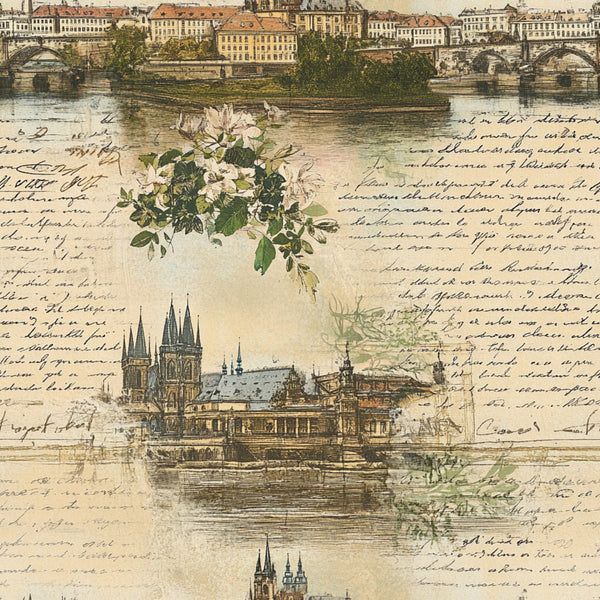 vintage postcards, european architecture, white roses, handwritten script, sepia tones, beige background, gothic cathedral, stone bridges, riverside scenes, botanical florals, aged paper texture, travel motifs,, fabric panel, nostalgic imagery, historical buildings, cursive writing, muted colors, collage design, antique style