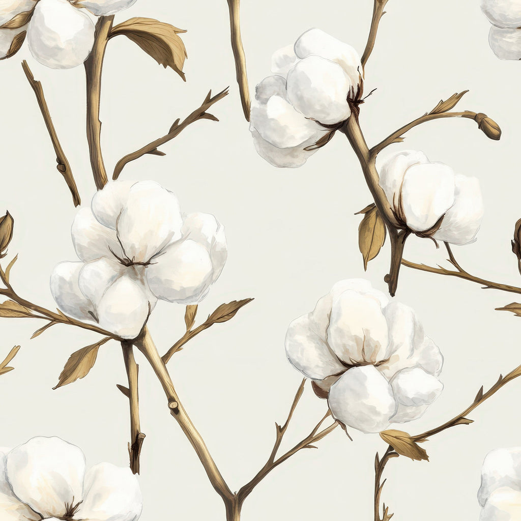 raw white, cream, beige, brown stems, cotton bolls, botanical pattern, floral design, natural fibers, repeating motif, watercolor style, organic shapes,, fabric panel, neutral tones, soft palette, plant illustration, cotton branches, farmhouse aesthetic, nature inspired