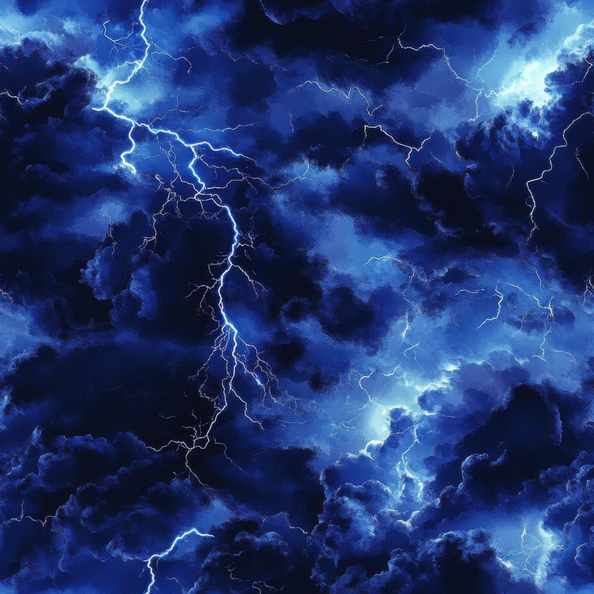 deep blue, navy blue, electric blue, lightning bolts, thunderstorm, storm clouds, dramatic sky, weather pattern,, fabric panel, stormy atmosphere, electrical discharge, jagged lines, moody lighting, tempest, storm system, meteorological, turbulent clouds, electric energy, atmospheric drama
