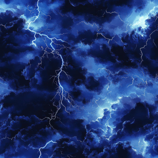 deep blue, navy blue, electric blue, lightning bolts, thunderstorm, storm clouds, dramatic sky, weather pattern,, fabric panel, stormy atmosphere, electrical discharge, jagged lines, moody lighting, tempest, storm system, meteorological, turbulent clouds, electric energy, atmospheric drama