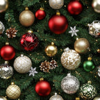 christmas ornaments, red baubles, gold ornaments, green ornaments, silver decorations, pine cones, snowflakes, evergreen branches, holiday decorations, festive pattern,, fabric panel, christmas fabric, ornament design, holiday colors, seasonal motif, realistic style, christmas tree decorations, winter theme, holiday crafting
