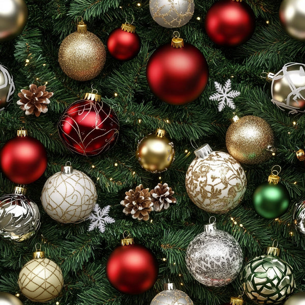 christmas ornaments, red baubles, gold ornaments, green ornaments, silver decorations, pine cones, snowflakes, evergreen branches, holiday decorations, festive pattern,, fabric panel, christmas fabric, ornament design, holiday colors, seasonal motif, realistic style, christmas tree decorations, winter theme, holiday crafting
