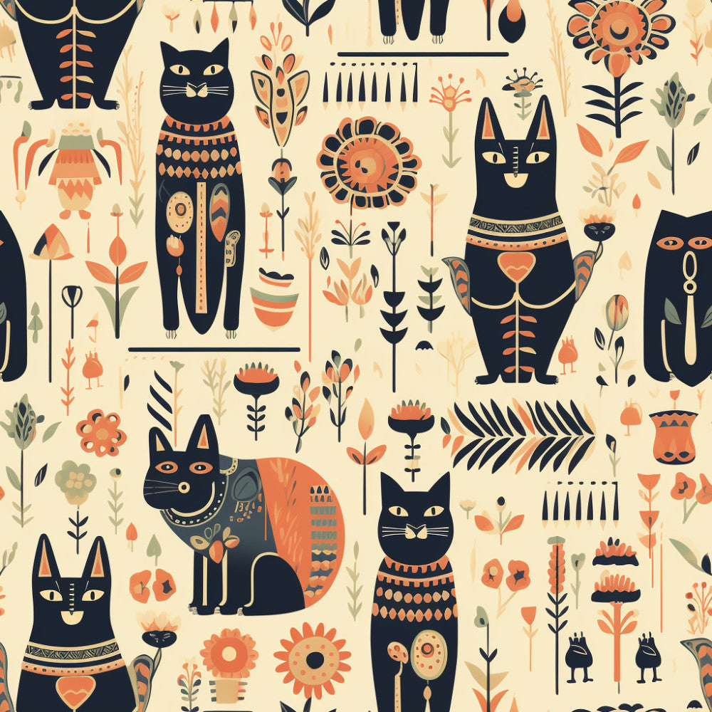 navy blue, coral orange, cream, gold accents, geometric, floral, abstract, animals, cats, egyptian, vintage, whimsical, bohemian, modern, folk art, nature, flowers, sunflowers, hearts, leaves, decorative patterns, nursery, playroom, kids room, celestial elements, boho, artistic, mid-century modern, decorative cats