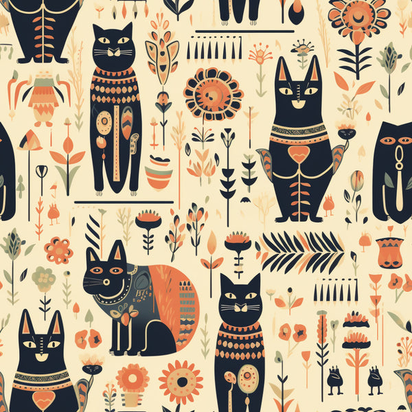 navy blue, coral orange, cream, gold accents, geometric, floral, abstract, animals, cats, egyptian, vintage, whimsical, bohemian, modern, folk art, nature, flowers, sunflowers, hearts, leaves, decorative patterns, nursery, playroom, kids room, celestial elements, boho, artistic, mid-century modern, decorative cats