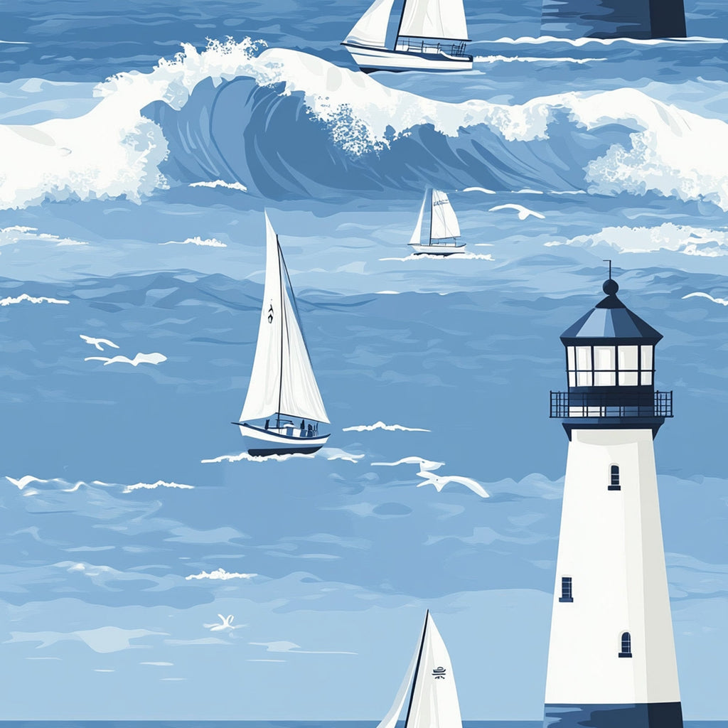 ocean blue, white sailboats, lighthouse, nautical waves, seagulls, maritime scene, coastal pattern,, fabric panel, sailing boats, ocean spray, blue and white, nautical theme, seaside design, wave crests, marine illustration, coastal artwork, sailing scene, lighthouse beacon, ocean adventure