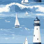 ocean blue, white sailboats, lighthouse, nautical waves, seagulls, maritime scene, coastal pattern,, fabric panel, sailing boats, ocean spray, blue and white, nautical theme, seaside design, wave crests, marine illustration, coastal artwork, sailing scene, lighthouse beacon, ocean adventure