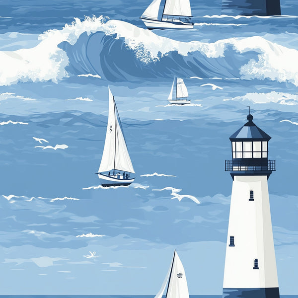 ocean blue, white sailboats, lighthouse, nautical waves, seagulls, maritime scene, coastal pattern,, fabric panel, sailing boats, ocean spray, blue and white, nautical theme, seaside design, wave crests, marine illustration, coastal artwork, sailing scene, lighthouse beacon, ocean adventure