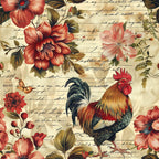 rooster, red flowers, coral blooms, vintage script, handwritten text, farm animals, floral motifs, peachy pink, sage green, cream background, botanical elements, country style, rustic charm,, fabric panel, hibiscus flowers, feathered details, pastoral theme, antique lettering, warm earth tones