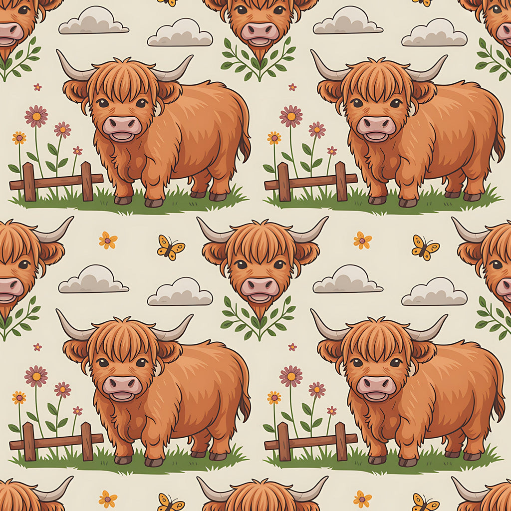 cartoon highland cows, orange brown fur, pastoral scene, wooden fence, wildflowers, green grass, beige background, white clouds, butterflies,, fabric panel, whimsical illustration, farm animals, country theme, repeating pattern, cute characters, nature elements, cottage core, rustic charm