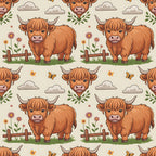 cartoon highland cows, orange brown fur, pastoral scene, wooden fence, wildflowers, green grass, beige background, white clouds, butterflies,, fabric panel, whimsical illustration, farm animals, country theme, repeating pattern, cute characters, nature elements, cottage core, rustic charm