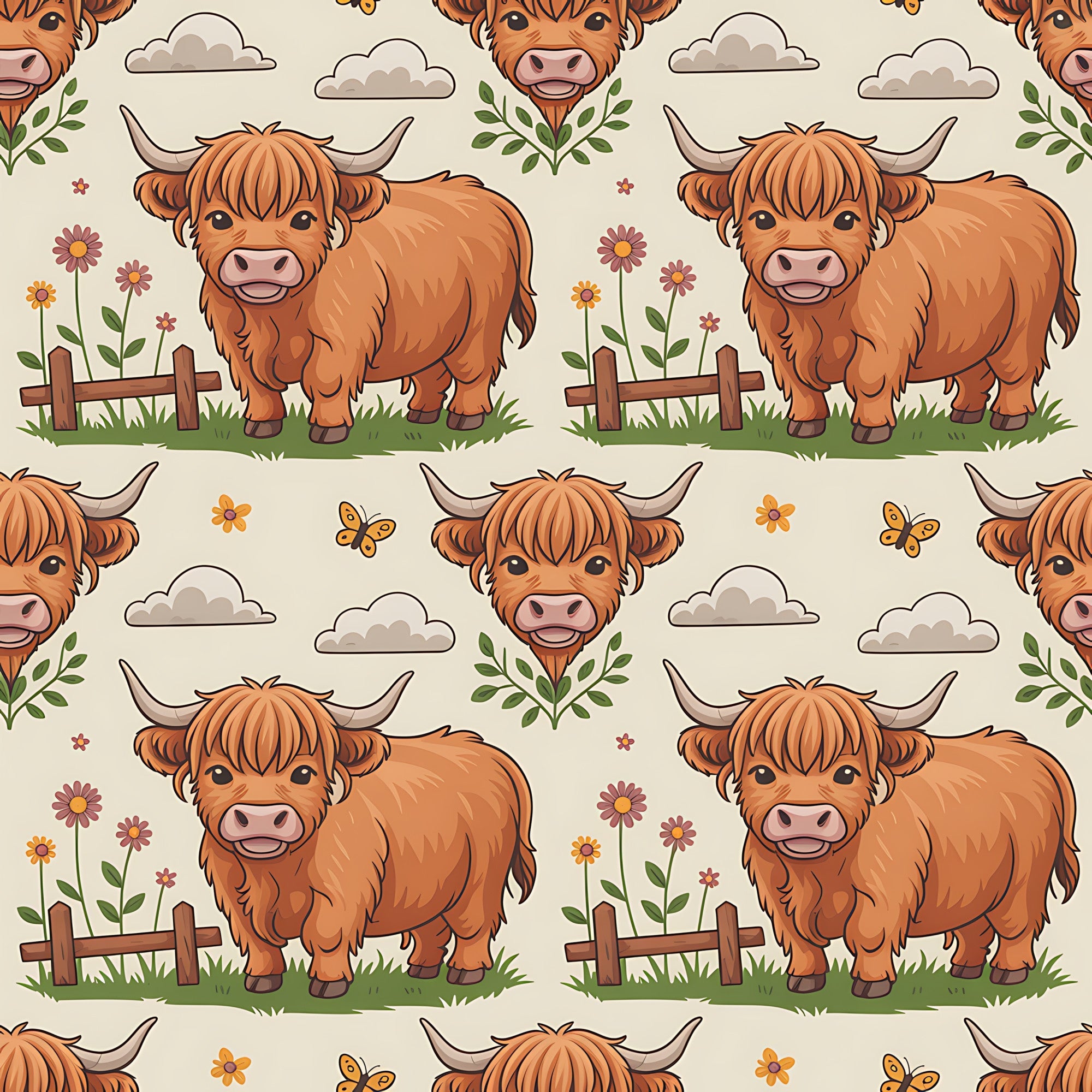 cartoon highland cows, orange brown fur, pastoral scene, wooden fence, wildflowers, green grass, beige background, white clouds, butterflies,, fabric panel, whimsical illustration, farm animals, country theme, repeating pattern, cute characters, nature elements, cottage core, rustic charm