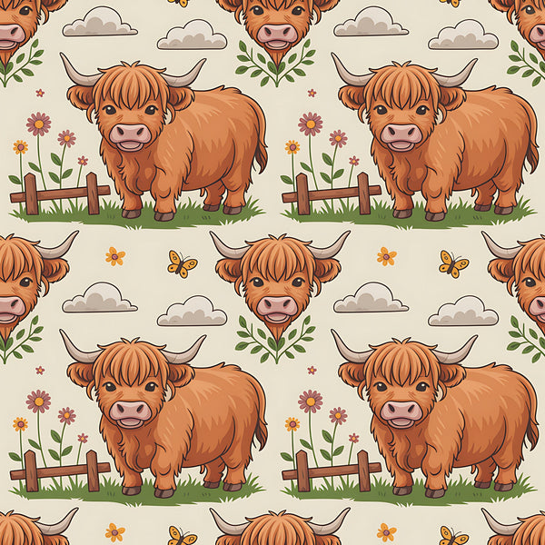 cartoon highland cows, orange brown fur, pastoral scene, wooden fence, wildflowers, green grass, beige background, white clouds, butterflies,, fabric panel, whimsical illustration, farm animals, country theme, repeating pattern, cute characters, nature elements, cottage core, rustic charm