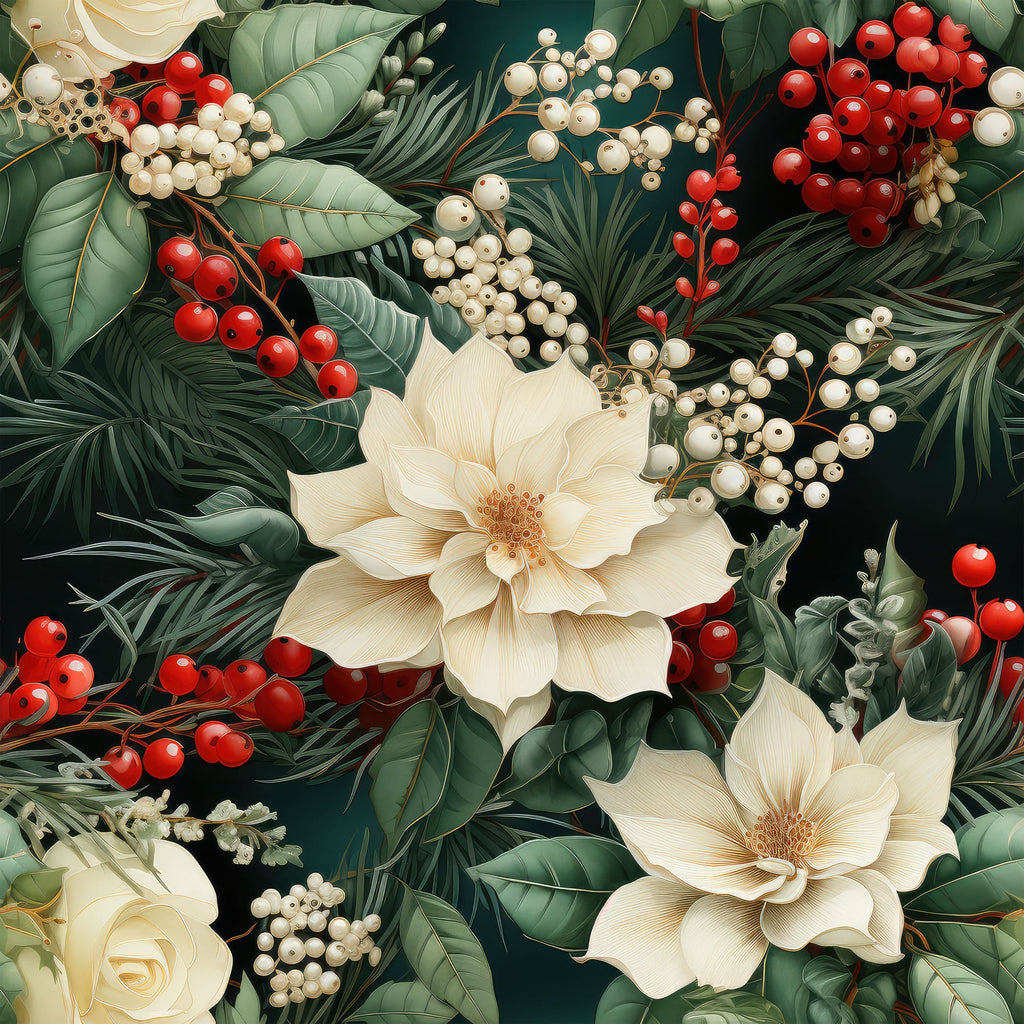 christmas florals,, fabric panel, cream flowers, red berries, white berries, dark green leaves, pine needles, winter botanicals, holiday floral, magnolia blooms, evergreen foliage, festive berries, botanical illustration, realistic style, elegant design, winter garden, holiday crafting, cotton fabric, floral arrangement