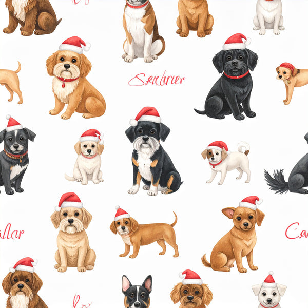 christmas dogs, holiday dogs, santa hats, festive dogs, cute dogs, dog breeds, red and white, cream, tan, brown, black, cheerful, whimsical, playful, winter holiday, christmas theme, dog lovers, puppies, multi-colored dogs, seasonal, children's, kids room, playroom, pet themed, family friendly, festive animals, december holidays