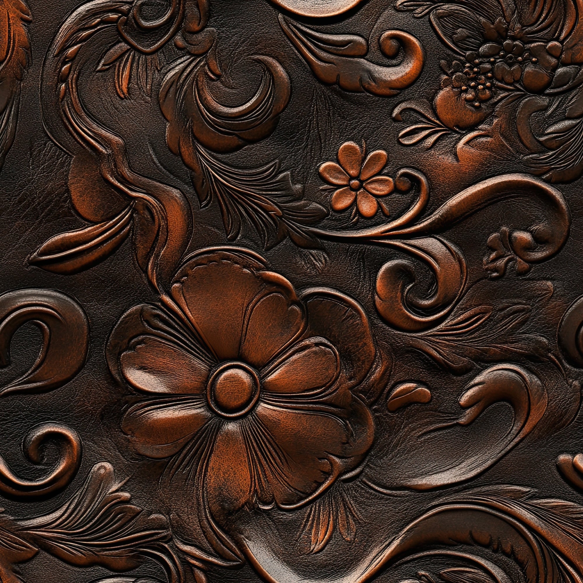 brown leather, embossed pattern, floral motifs, ornate scrollwork, western tooling, saddle leather, carved design, rustic brown, dimensional texture, decorative flowers, swirling vines, raised relief, cowboy style, ranch aesthetic, leather craft,, fabric panel, earthy tones, bronze highlights, vintage western