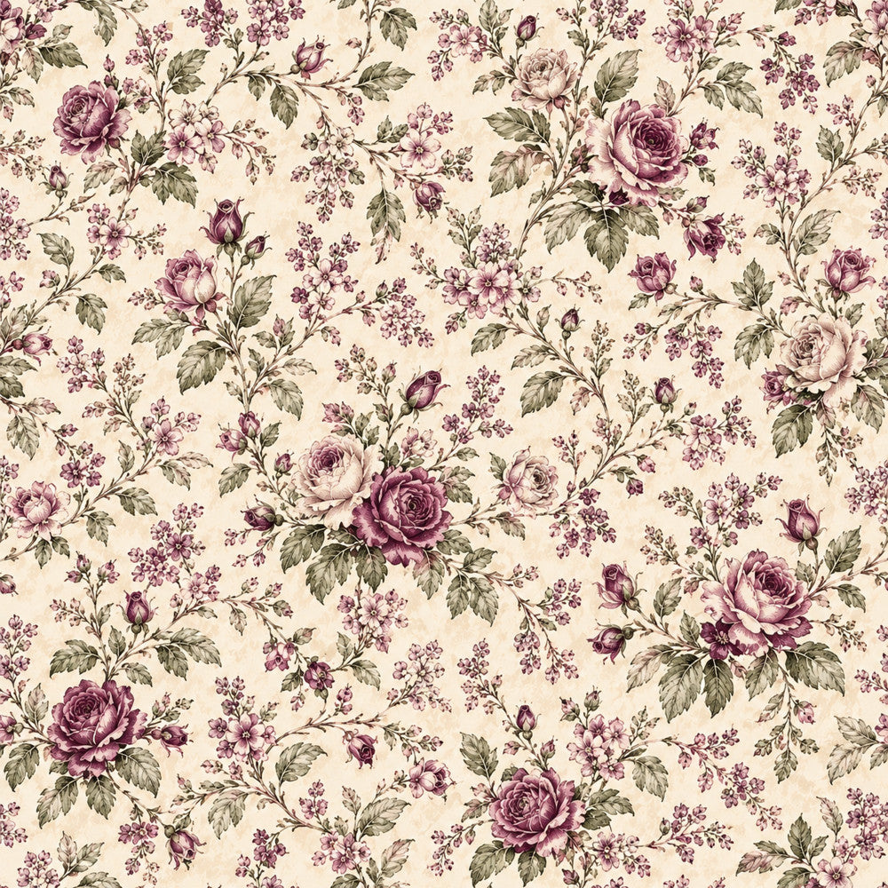 dusty rose, mauve, plum purple, sage green, cream, vintage floral, rose garden, romantic, traditional, elegant, cottage core, botanical, roses, buds, leaves, spring, summer, nature, timeless, classic, shabby chic, country, feminine, graceful, delicate florals, garden theme, heirloom style