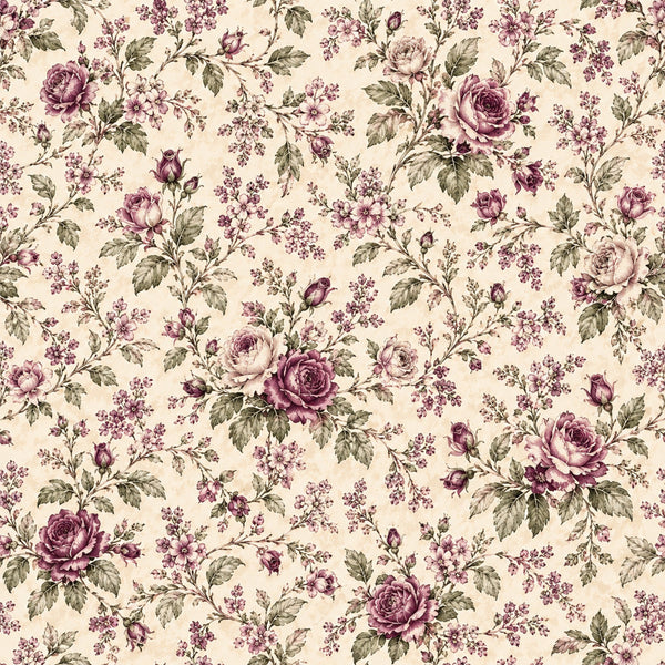 dusty rose, mauve, plum purple, sage green, cream, vintage floral, rose garden, romantic, traditional, elegant, cottage core, botanical, roses, buds, leaves, spring, summer, nature, timeless, classic, shabby chic, country, feminine, graceful, delicate florals, garden theme, heirloom style